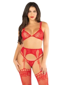Bra Top, String & Garter Belt Stockings Red O/S Underklädesset