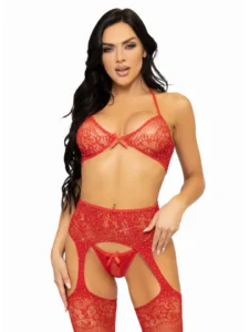 Lace Bra, String & Garter Belt Stockings Red O/S Underklädesset