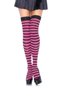 Striped Nylon Thigh Highs Black/Neon Pink O/S Stay-ups
